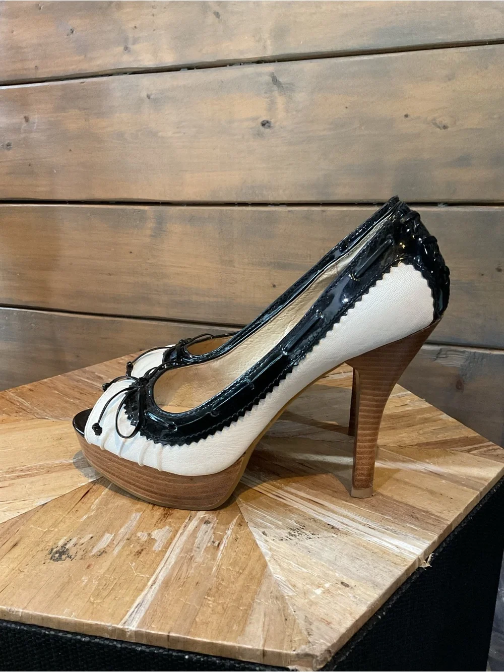 Michael Kors Black and White Peep-Toe Patent Trim Heels